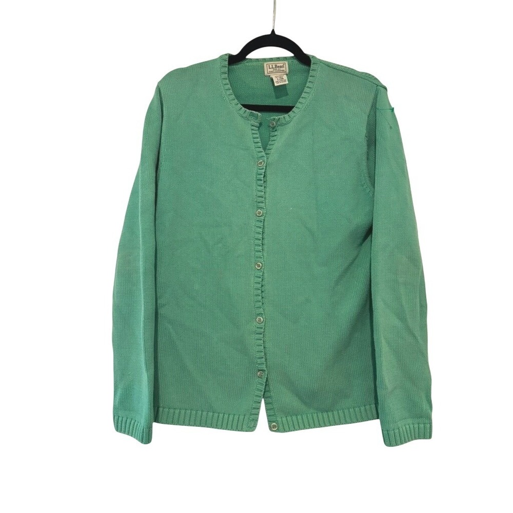LL Bean sz L green cotton button down cardigan New England sweater L